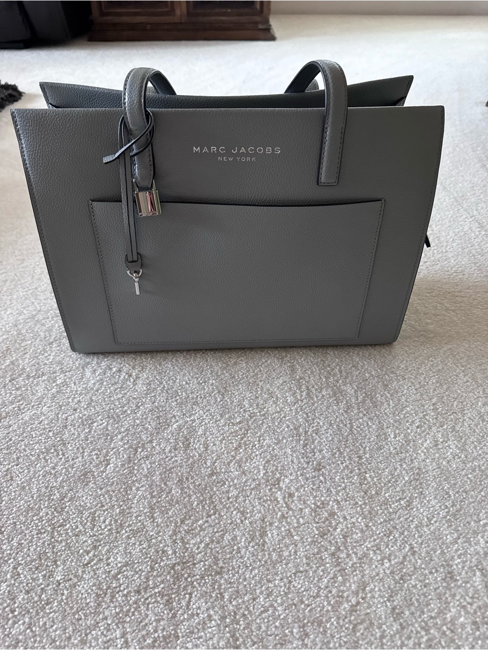 Marc Jacobs Grey Blue Pebbled Leather Tote with Front Pocket